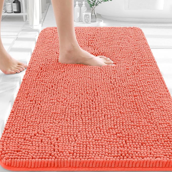 OLANLY Bathroom Rugs 30x20, Extra Soft Absorbent Chenille Bath Rugs, Rubber Backing Quick Dry, Machine Washable Bath Mats for Bathroom Floor, Tub and Shower, Home Decor Accessories, Coral