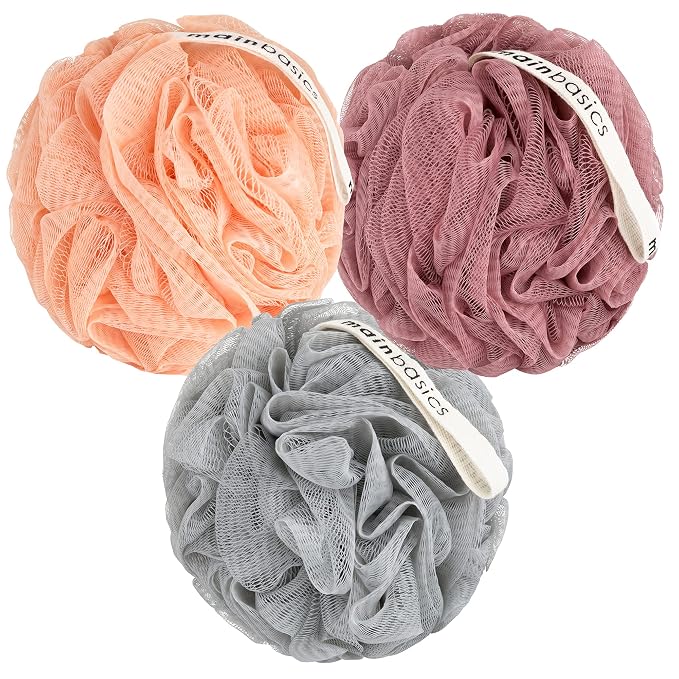 MainBasics Bath Shower Loofah Sponge Pouf Body Scrubber Exfoliator Body Wash Sponge (Set of 3, Coral Reef)