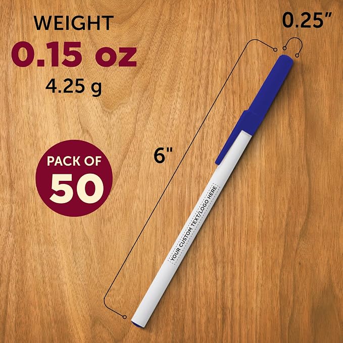 DISCOUNT PROMOS Custom Value Stick Pens Set of 50, Personalized Bulk Pack - Black Ink, Great for Office, School, Business, Tradeshows, Events - Blue
