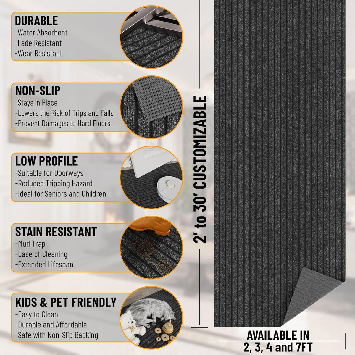 Ottomanson 2' x 20' Hallway Runner with Scraper Pile Extra Durable Non-Slip Rug Mat for Indoor & Outdoor Use - Ideal for Kitchen, Entryway, Patio & Garage - High-Traffic Carpet, Black