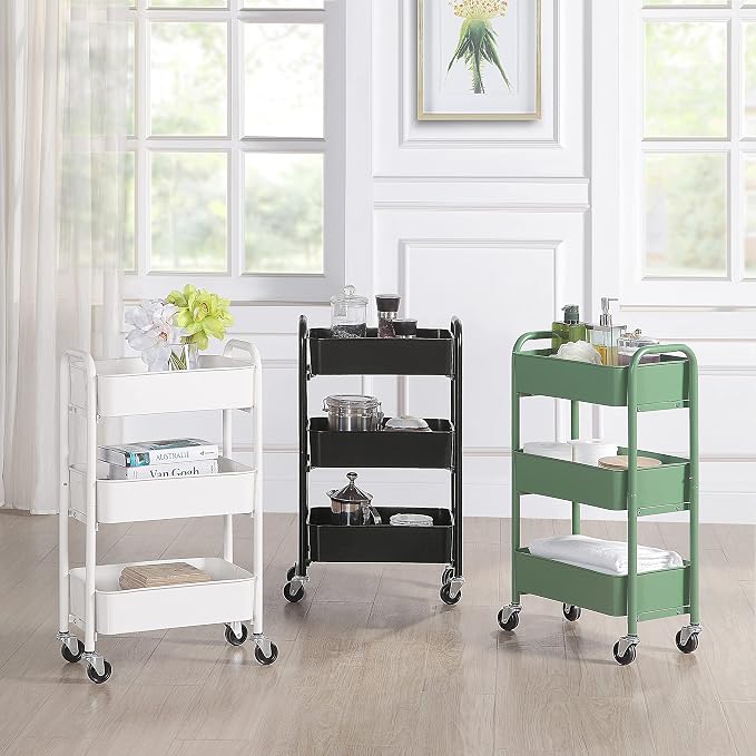 SunnyPoint 3-Tier Delicate Compact Rolling Metal Storage Organizer - Mobile Utility Cart Kitchen/Under Desk Cart with Caster Wheels - WHT (15.35" X 10.24" X 26.8"H)