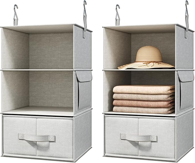 Vailando 3-Shelf Hanging Closet Organizer, Set of 2 Hanging Shelves with 2 Drawers for Wardrobe, Nursery, Baby Clothes Storage and Organization, Silver Gray