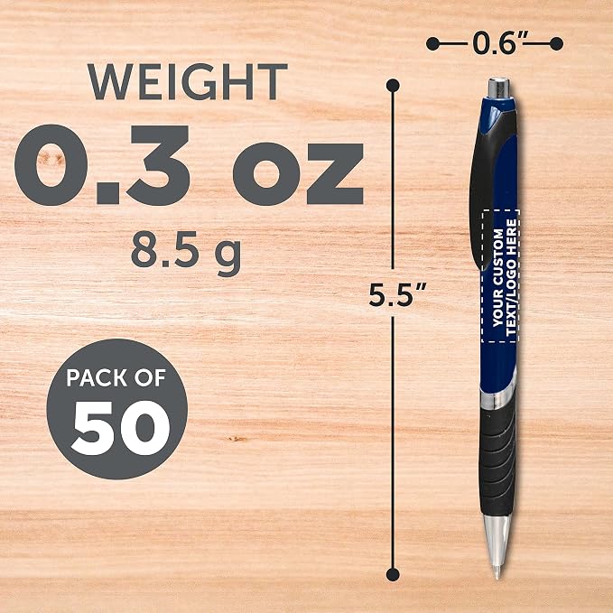 DISCOUNT PROMOS Ballpoint Pens With Rubber Grip - 50 pack - Customizable Text, Logo - Black Ink Ball Point Pen with Soft Touch Plastic - Navy Blue