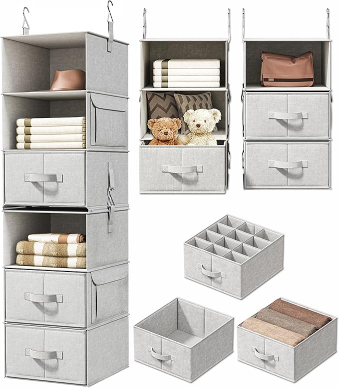 Vailando 6-Shelf Hanging Closet Organizer with 3 Drawers, 2 Separable 3-Shelf Closet Organizers and Storage for Wardrobe Organization, Hanging Dresser for Nursury & Dorm Clothes Organizer