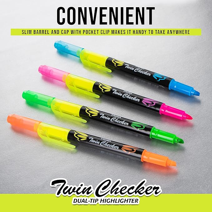 Pentel Twin Checker Dual-tip Highlighter, Chisel Tip, Yellow/Blue Ink, Pack of 12 (SLW8-GS)