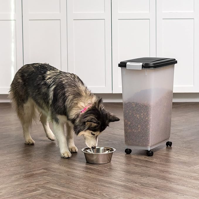 IRIS USA Airtight Dog Food Storage Container, Up to 38 lbs, Attachable Wheels, For Dog Cat Bird and Other Pet Food Storage Bin, Keep Fresh, Translucent Body, Easy Mobility, Black