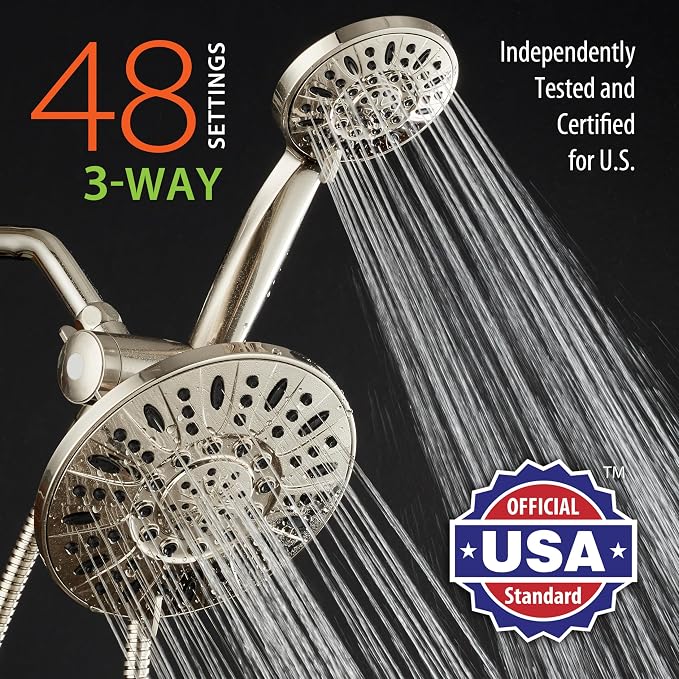 AquaDance 7" Premium High Pressure 3-Way Rainfall Combo with Stainless Steel Hose – Enjoy Luxurious 6-setting Rain Shower Head and Hand Held Shower Separately or Together – Brushed Nickel Finish