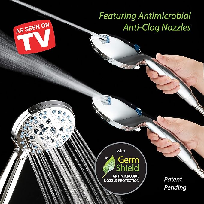 Hotel Spa AquaCare As-Seen-On-TV High Pressure 50-mode Rain & Handheld 3-way Shower Head Combo - Anti-clog Nozzles/Tub, Tile & Pet Power Wash/Extra Long 6 ft. Stainless Steel Hose/All Chrome Finish