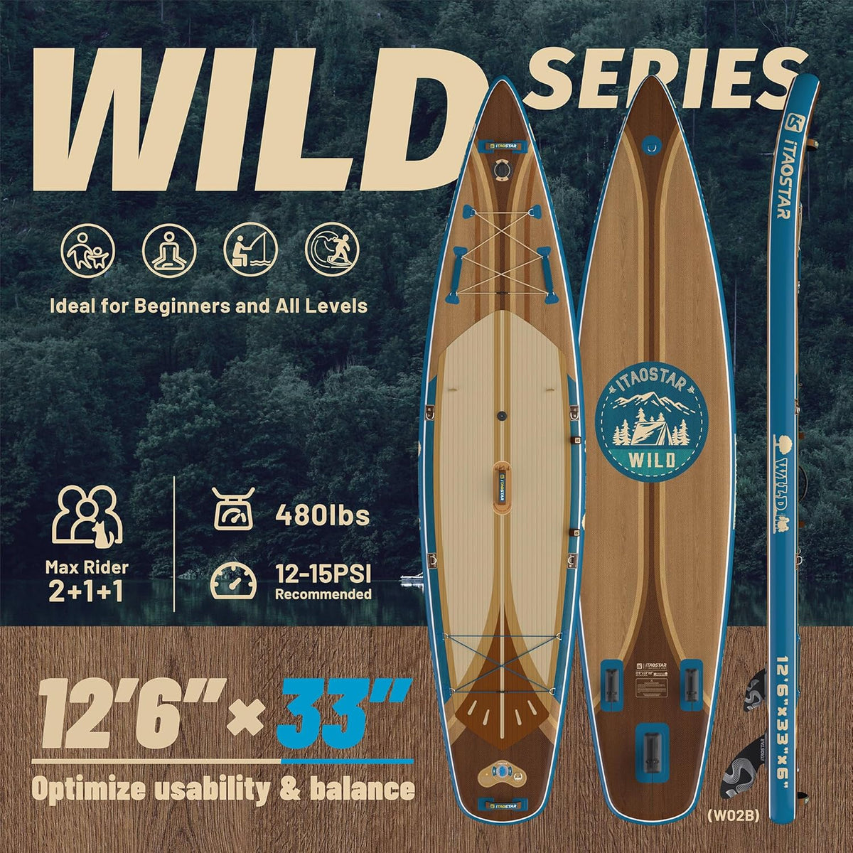 Wild 11'×36"/11'6"×34"/12'6"×33" Inflatable Paddle Board with Seat, One-Stop Premium SUP Board Gears, Tailored 5 Fins, Stable Inflatable Stand Up Paddle Boards for Youth/Adults of All Levels