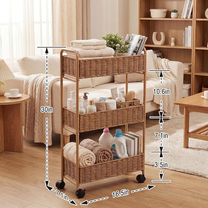 FOCHIER F Utility Slim Storage Cart,3-Tier Rolling Kitchen Office Laundry Room Cart,Mobile Shelving Unit Organizer for Living Room Bathroom Baby Diaper Narrow Places (Natural, 3 Tiers-7.1 inch (W))