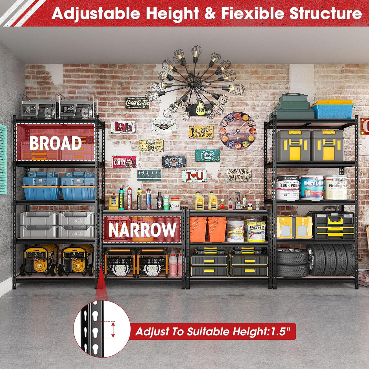 72" H Metal Storage Shelves 1500LBS Heavy Duty,5 Tier Garage Shelving Unit,Adjustable Garage Storage Utility Rack for Kitchen Pantry Basement Bathroom Closet