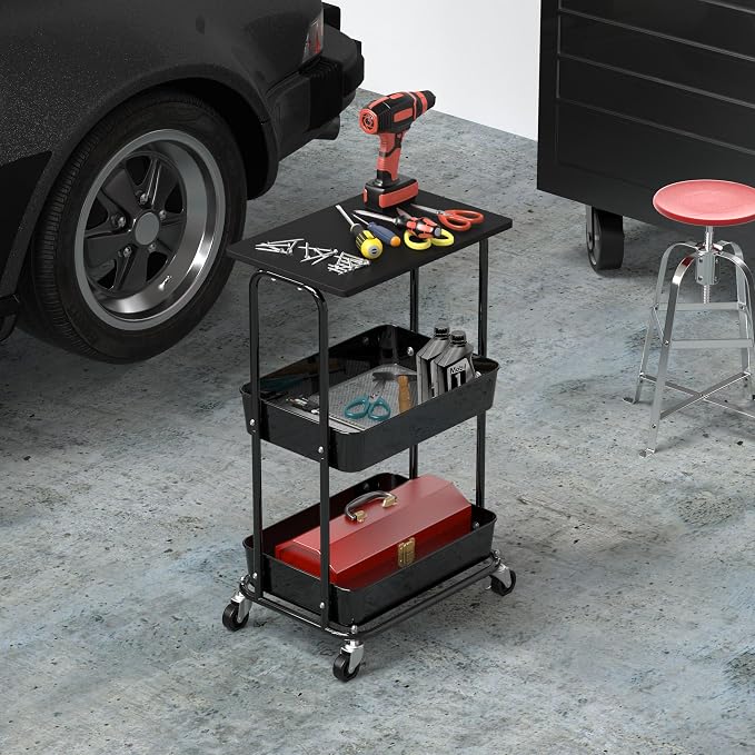 Simple Houseware 2-Tier Rolling Utility Cart with Lockable Wheels and Wood Top, Metal Storage Organizer Trolley for Kitchen, Bathroom, Office, Craft Room, Black
