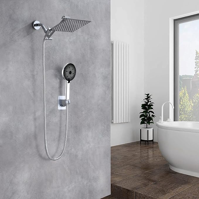 Shower Head,8”Rain Shower Head with Handheld Spray Combo with 11'' Angle Adjustable Extension Arm/Flow Regulator/Shower System,High Pressure Rainfall Shower Head Bathroom,Chrome