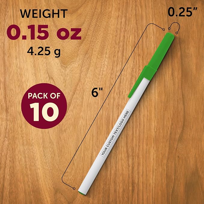 DISCOUNT PROMOS Custom Value Stick Pens Set of 10, Personalized Bulk Pack - Black Ink, Great for Office, School, Business, Tradeshows, Events - Green