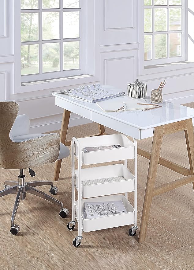 SunnyPoint 3-Tier Delicate Compact Rolling Metal Storage Organizer - Mobile Utility Cart Kitchen/Under Desk Cart with Caster Wheels - WHT (15.35" X 10.24" X 26.8"H)